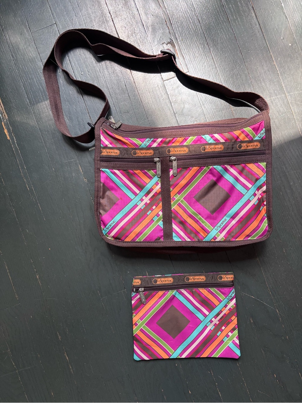 LeSportsac Brown Crossbody with Bright Pink, Teal & Orange Geometric Print